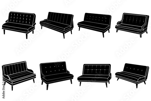 Collection of eight black and white sofa illustrations in different styles and orientations on white background