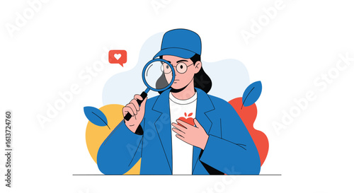 Illustration of a focused female detective examining a small object with a magnifying glass while holding her chest in surprise and wonder