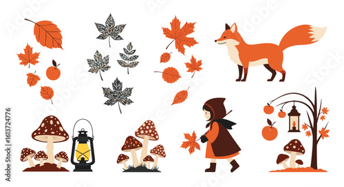 Charming autumn scene elements featuring a fox a little girl and enchanted forest decorations