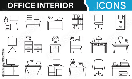 Modern Office Furniture and Workspace Icons for Digital Use