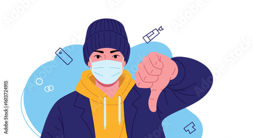 Person wearing a mask and beanie with a thumb down gesture indicating disapproval and negativity during uncertain times