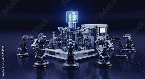 Futuristic robotic assembly line with glowing digital interface, highlighting automation and technology.