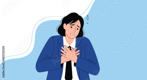 Illustration of a worried woman holding her chest in distress with a feeling of anxiety and fear against a blue background