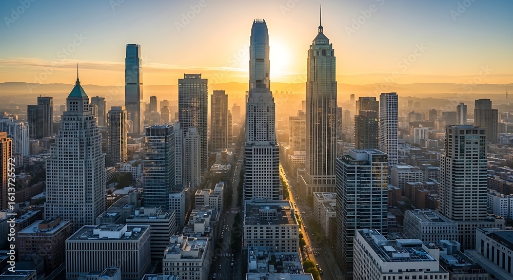 Fototapeta premium Aerial view of a modern city skyline during a beautiful sunrise, bathed in golden light.