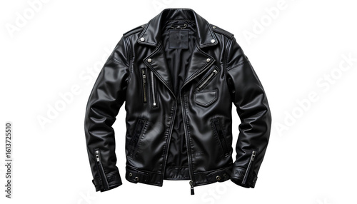 Black Leather Jacket Medium Shot – Open Front with Zippers, Pockets, Buckles, and Glossy Finish Isolated on Transparent Background