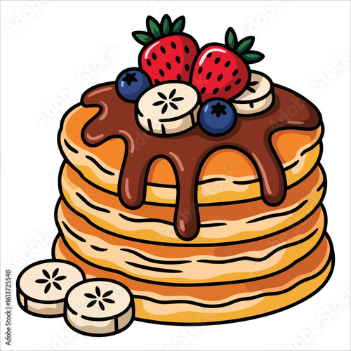 Vector cartoon pancakes with bananas and honey, fresh breakfast illustration ideal for food visuals, sweet morning meals, and snack related artwork