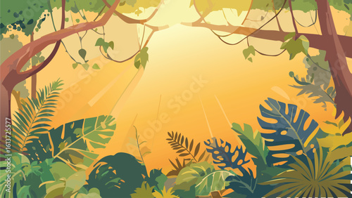 Bright golden hour sunlight filtering through thick jungle canopy, revealing intricate vines and exotic fern details for a vivid rainforest ambience.
