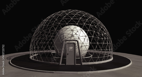 A futuristic spherical structure with a geodesic dome protecting the central orb.