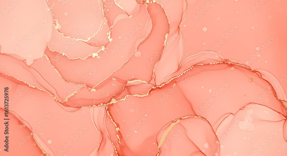 Fototapeta premium Luxurious abstract background with flowing coral pink alcohol ink and elegant golden glitter details.