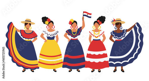 Colorful celebration of diversity represented by five women in traditional festive clothing holding a flag