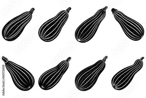 Illustration of eight black and white zucchinis arranged symmetrically on a white background design element