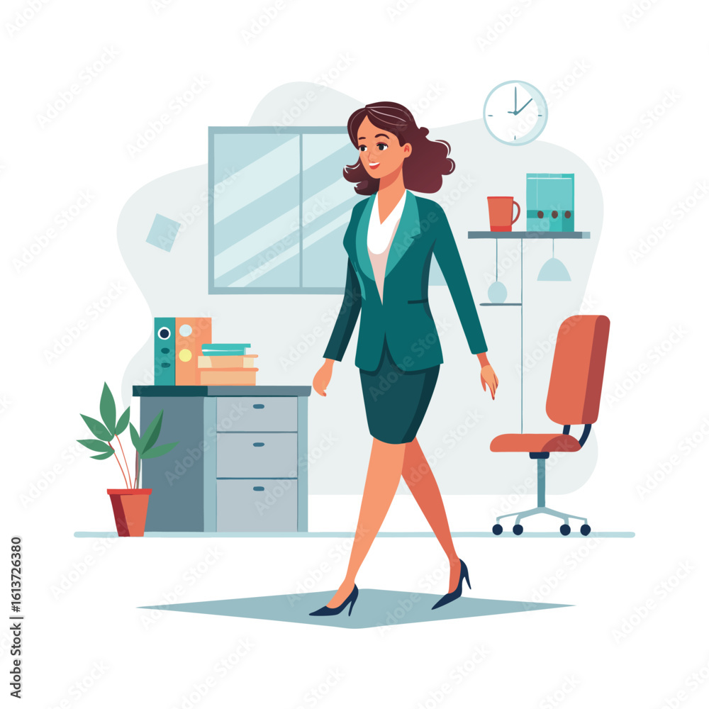 Fototapeta premium Confident Female Boss Walking Through Modern Office Corridor | Professional Businesswoman in Stylish Attire | Empowered Corporate Woman Leadership Vector Illustration