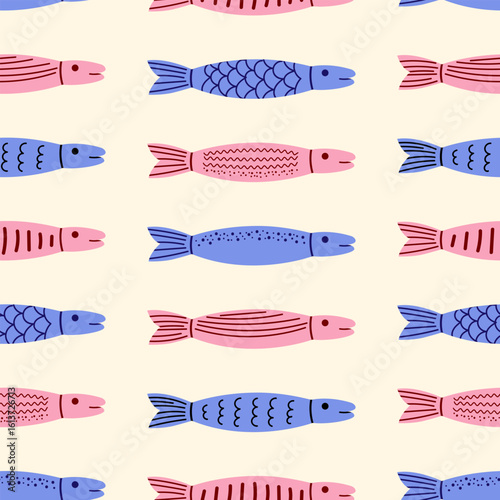 Seamless pattern with colorful fish. Vector flat background. Vintage style illustration of sardines