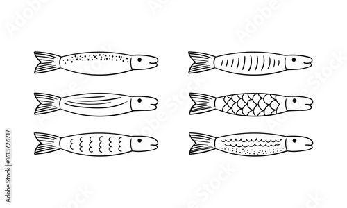 Set of hand drawn linear fish. Vector illustration in retro sketch style