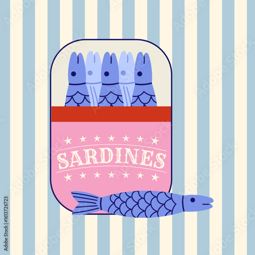 Vector flat illustration of sardines in metal can on striped background. Blue mediterranean fish seafood in retro style