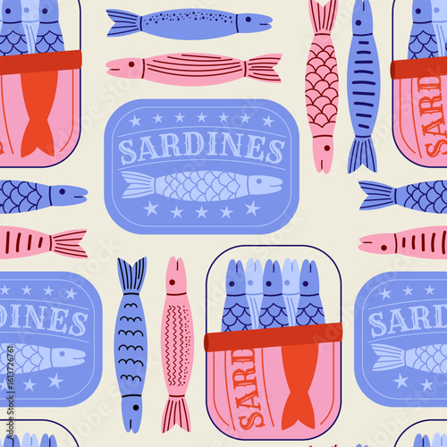 Canned sardines fish vector flat background. Seamless pattern perfect for textile, fabric, fashion design