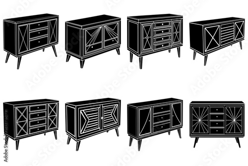 A collection of eight black and white furniture cabinets with various door and drawer designs on display here