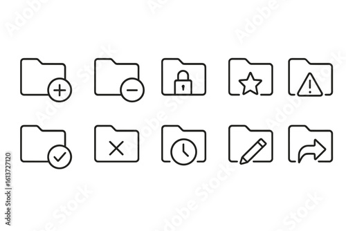 Set of black outline folders icons with different symbols, line style