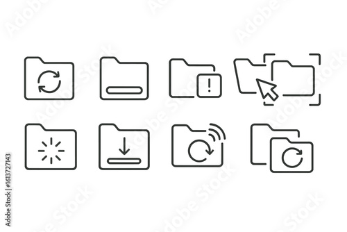 Set of 10 minimalist outlined folder icons for syncing, loading, alerts, selection, updates, and downloads