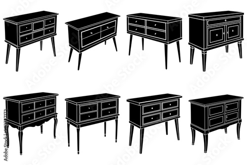 Illustration showing eight black and white antique furniture cabinets with drawers and legs design