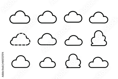 Set of 12 black outline cloud icons in various styles