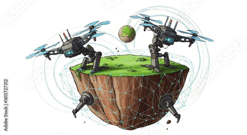 Two robotic drones hovering over a floating island, connected by a network.