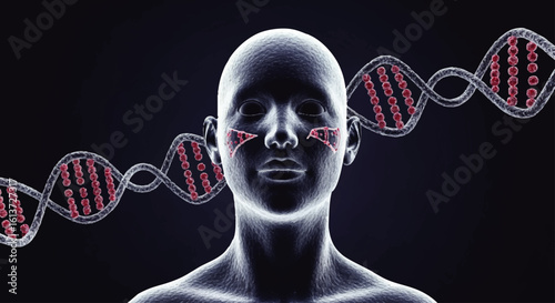 3D model of a human head with highlighted facial areas and DNA strands, suggesting genetic influence on skin.