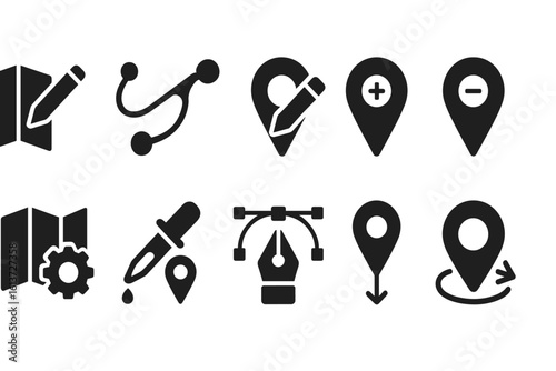 Set of black icons for mapping and design in line style