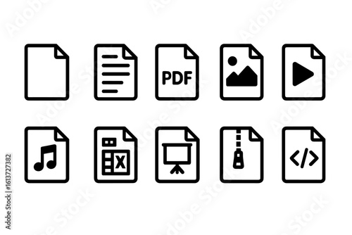 Set of clean black and white file type icons in line style