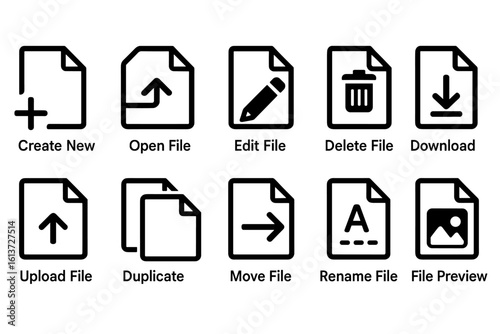 Set of bold line style file-related icons in black and white
