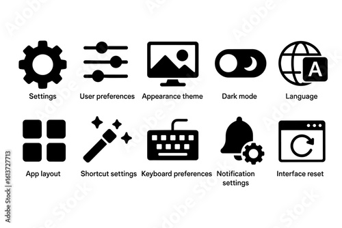Set of black silhouette icons for digital interface settings and preferences