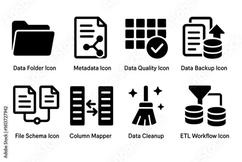 Set of black and white outline data-related icons for storage, metadata, quality, backup, schema, mapping, cleanup, ETL workflow