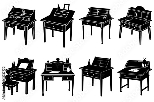 Illustration showing a collection of antique writing desks and secretaries in black silhouette on white background