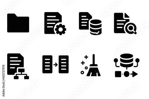Set of black document and database management icons in flat style