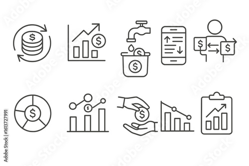 Set of finance outline icons depicting financial growth, cash flow, mobile banking