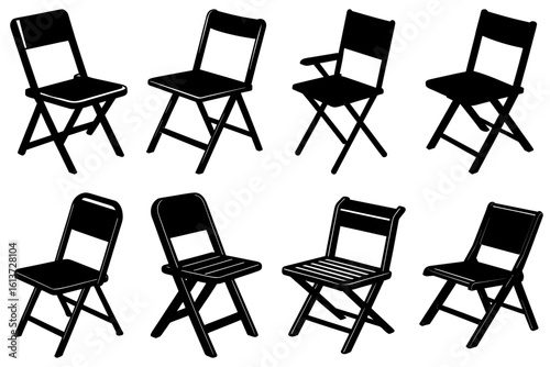 Illustration showcasing eight black folding chairs in various styles against a white background
