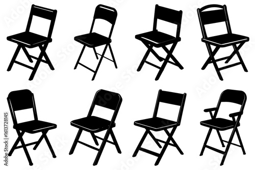 Silhouette illustration featuring eight folding chairs in various styles and orientations on white background