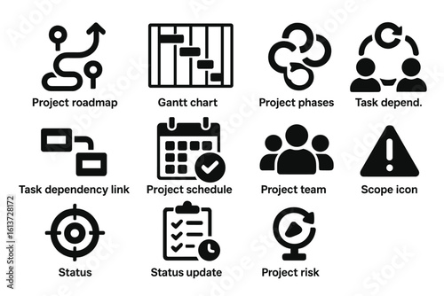 Set of black and white project management icons with clear and simplistic design