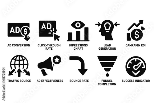 Set of black and white digital marketing icons in minimalistic style