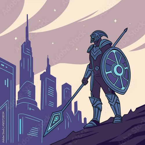 Majestic ai guardian with glowing energy shields protects a futuristic digital city symbolizing cybersecurity and advanced artificial intelligence in a fantasy art style