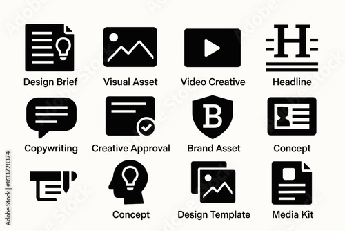 Set of black line icons for creative and marketing processes