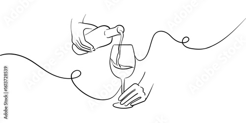 Hand pouring wine into a glass, continious line drawing. Toasting minimal with wine glasses drinks. Cheers toast festive decoration for holidays. Vector illustration