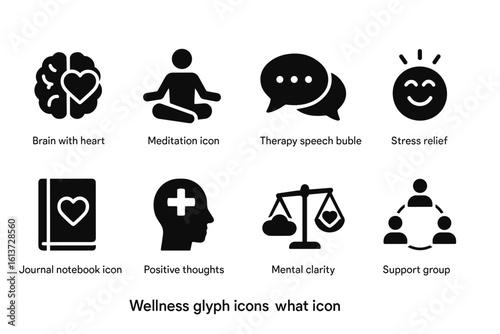 Set of wellness glyph icons for mental health and self-care