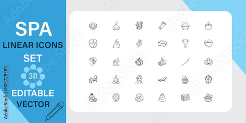 Thirty editable vector spa icons. Includes various wellness symbols massage, bath, beauty, aromatherapy, and more. 