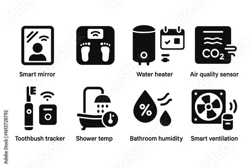 Set of black smart home icons for bathroom technologies with Wi-Fi connectivity