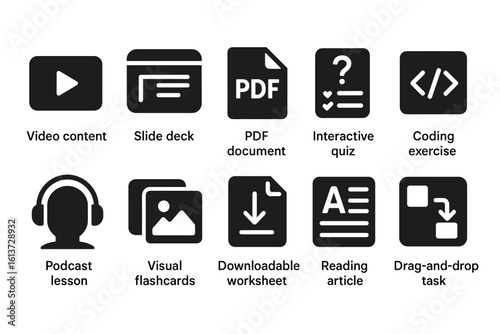 Set of black educational content icons for interactive and passive learning