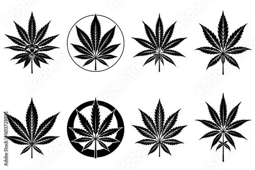 Collection of eight cannabis leaf illustrations in black and white with different artistic styles shown here
