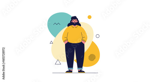 Diverse group of people posing for a creative photo shoot featuring abstract shapes and colorful backgrounds promoting inclusivity and individuality in modern design