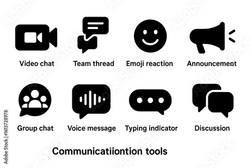Set of black communication tools icons in simple solid design