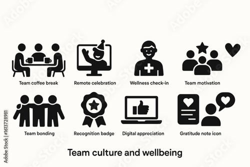 Set of black icons for team culture and wellbeing in glyph style